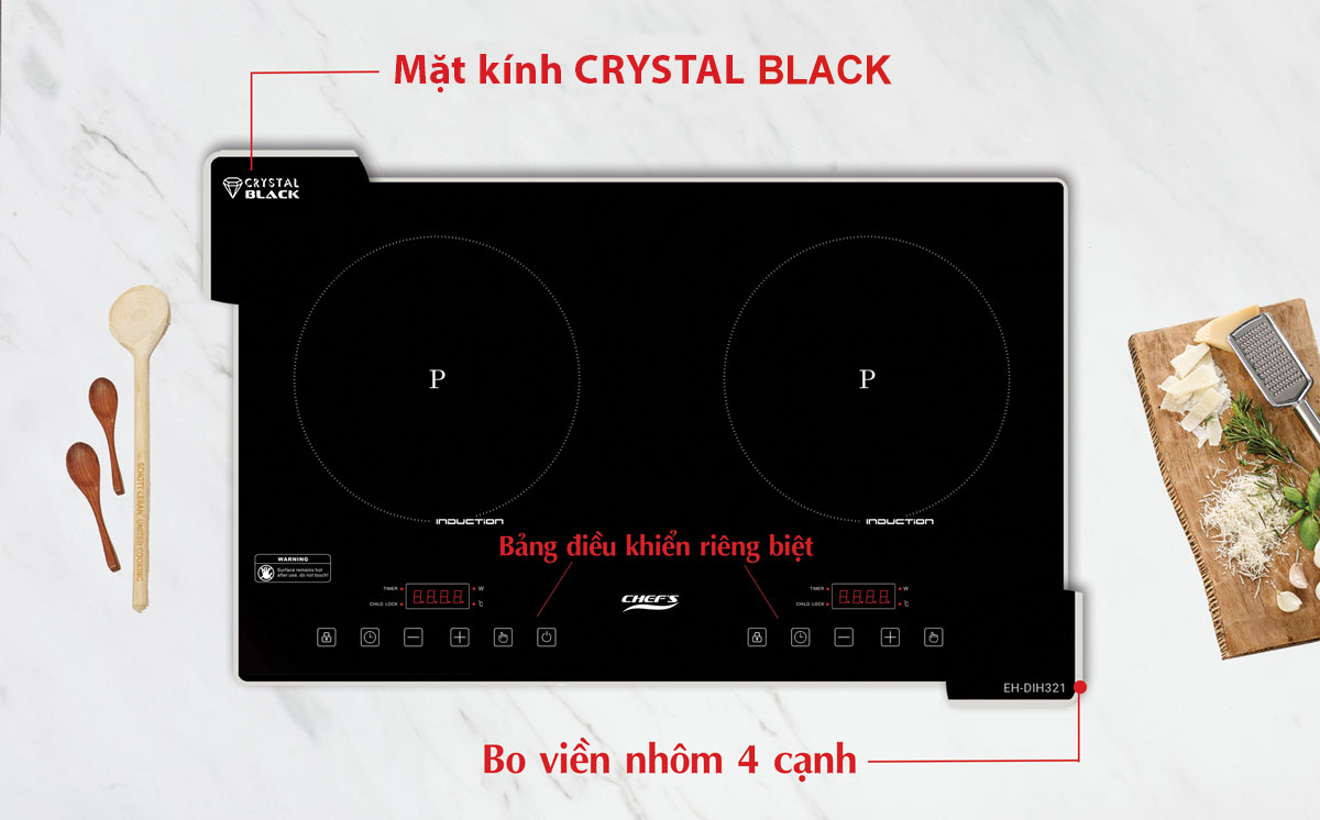 Mặt kính Crystal BLACK trên bếp từ chef's EH-DIH321